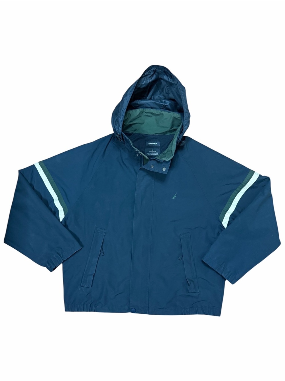 Nautica Dark Navy Hooded Rain Jacket Green Stripes Windbreaker